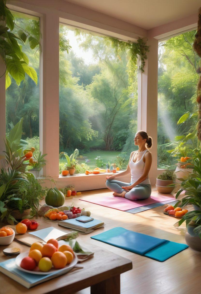 A serene wellness center with a yoga class in progress, surrounded by lush greenery and soft sunlight filtering through trees. Incorporate elements like a person meditating, vibrant fruits and vegetables on a table, and open books on health tips. Soft pastel colors dominate the scene to create a calming atmosphere. painting. vibrant colors. natural lighting.