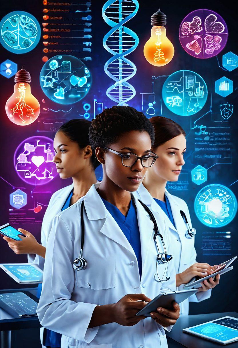A vibrant collage showcasing diverse healthcare professionals engaged in research, with stacks of medical journals and digital tablets displaying data analytics. Include symbolic imagery such as a DNA strand, heart monitor, and a glowing light bulb representing innovation. The background should immerse the viewer in a dynamic laboratory setting, blending nature and technology. super-realistic. vibrant colors. 3D.