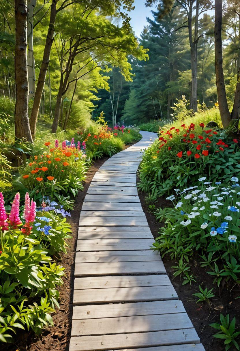 A serene landscape featuring a winding path through a lush forest, with colorful flowers and a clear blue sky above. Alongside the path, display symbols of wellness such as yoga mats, water bottles, and healthy foods to signify a journey to health. Include diverse individuals engaging in wellness activities, exuding joy and vitality. The design should evoke a sense of peace and adventure. vibrant colors. super-realistic.
